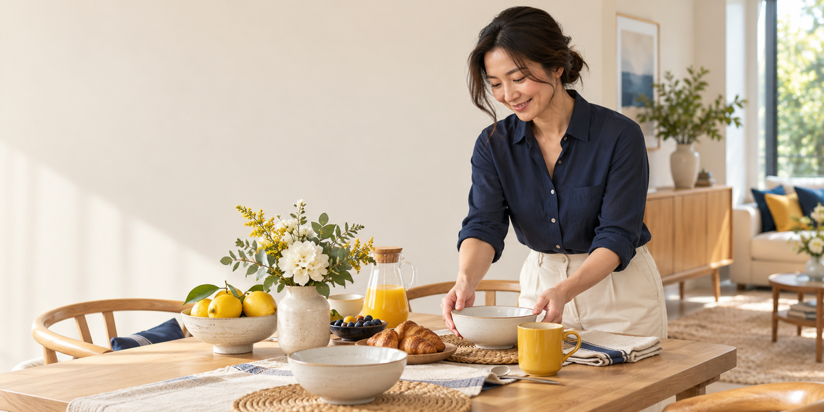 Woman setting a breakfast table