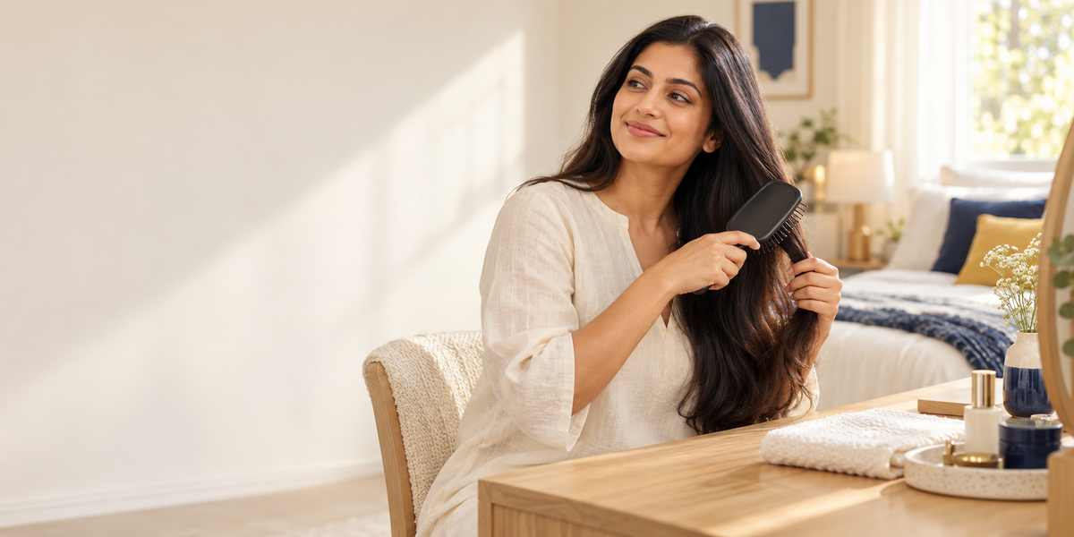 Woman brushing her hair during her morning routine